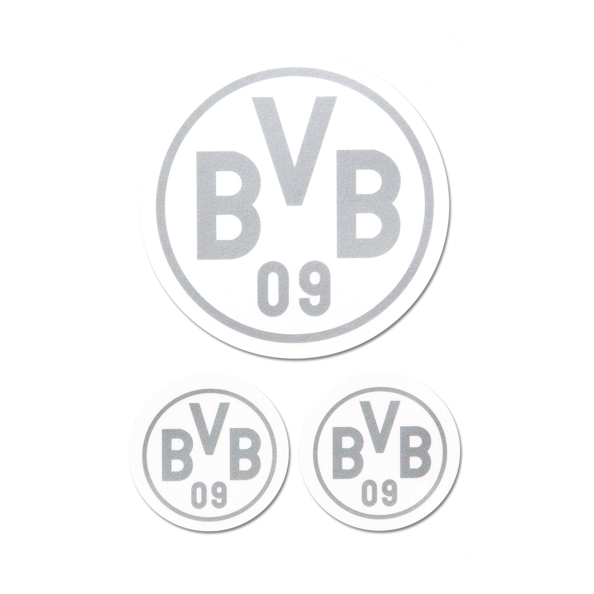 Silberfarbener BVB-Aufkleber im 3er-Set mit rundem Design und BVB-09-Logo, ideal für Fans von Borussia Dortmund.
