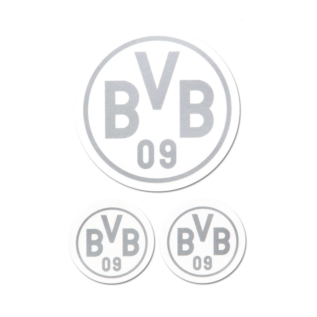 Juego de 3 pegatinas plateadas del BVB con diseño redondo y el logotipo BVB-09, ideales para los aficionados del Borussia Dortmund.