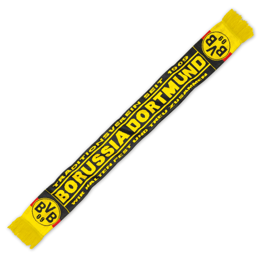 这款黑色与黄色相间的多特蒙德（BVB）围巾印有“BORUSSIA DORTMUND”字样、BVB队徽及1909年份，是这家历史悠久俱乐部球迷的理想配饰。