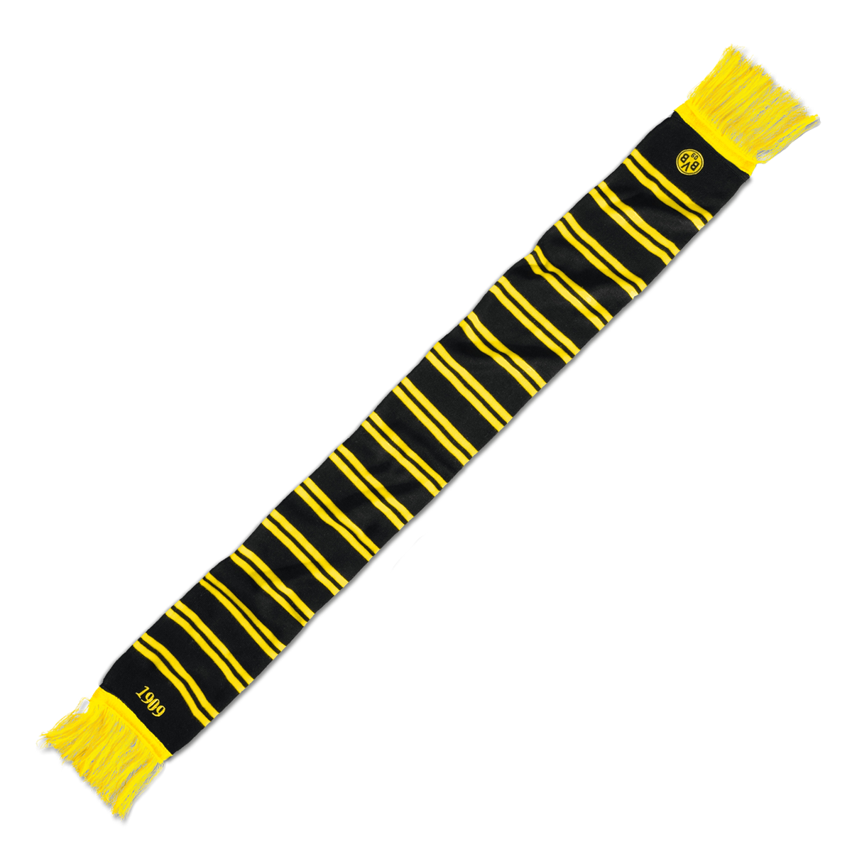 Bufanda del BVB con diseño de rayas alternadas en negro y amarillo, flecos amarillos, el escudo del BVB y el año 1909.