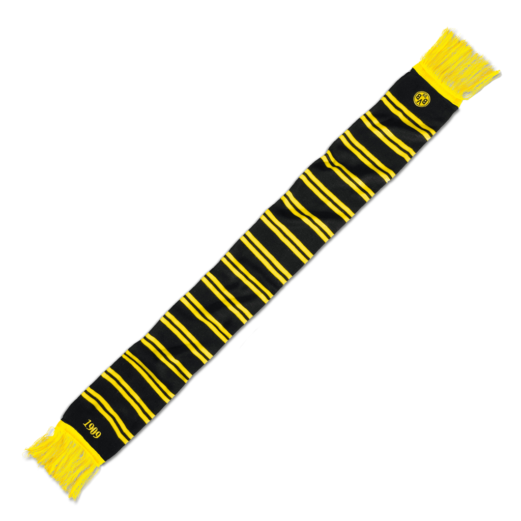 BVB scarf featuring a black-and-yellow striped design with yellow fringe, the BVB emblem, and the year 1909.