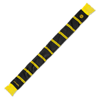 Black BVB scarf with yellow horizontal stripes, fringe, and an embroidered BVB emblem—a fan merchandise item.