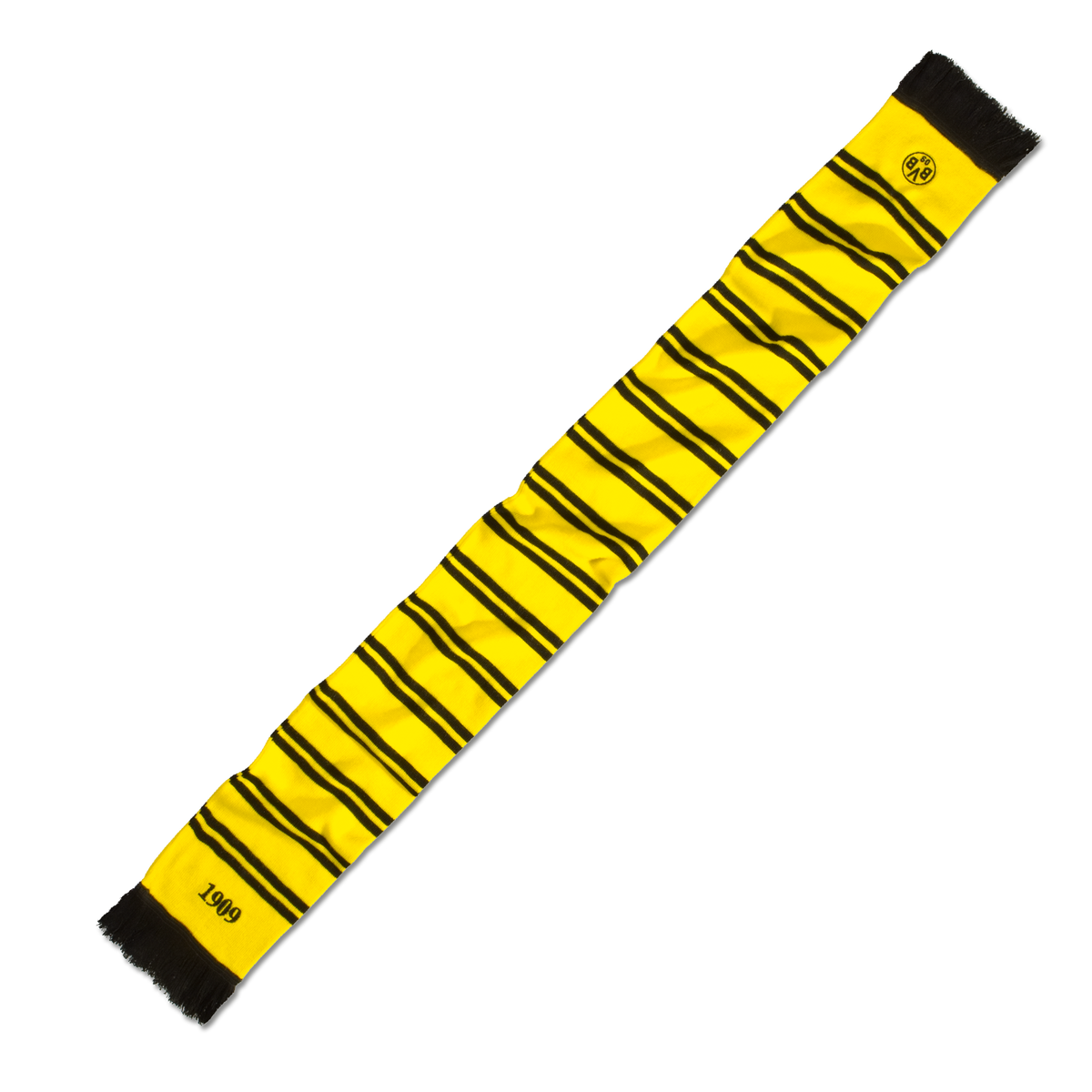 Gelb-schwarzer BVB-Schal mit Ringelstreifen, BVB-Emblem und Jahreszahl 1909, ideal für Borussia Dortmund Fans.