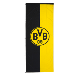 中央に大きなBVBロゴが入った縦長の黒と黄色のBVB旗。ボルシア・ドルトムントのファンにぴったりです。