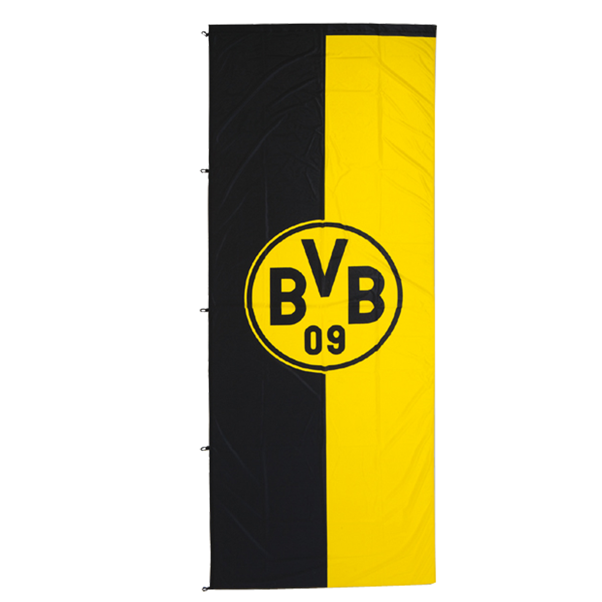 Bandiera del BVB nei colori nero e giallo, in formato verticale con un grande logo del BVB al centro, perfetta per i tifosi del Borussia Dortmund.