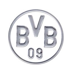 クラシックなボルシア・ドルトムントのロゴが入った、丸型のシルバーのBVB 09カーステッカー。車の装飾に最適です。