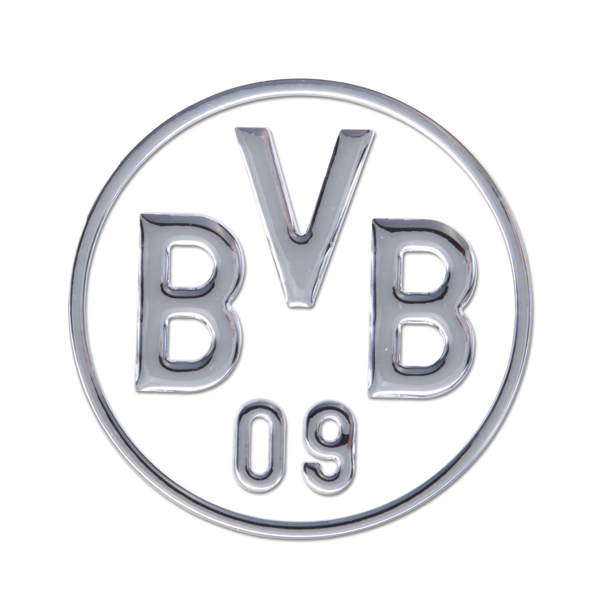 Runder silberner BVB 09 Auto-Aufkleber mit dem klassischen Borussia Dortmund-Logo, ideal für Fahrzeugdekorationen.